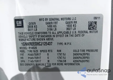 2012 Chevrolet Traverse Ls из США, поврежденный, VIN 1GNKREED8CJ125437